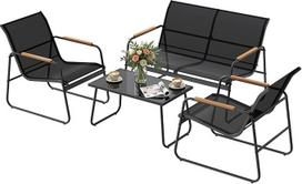 WOLTU sodo baldų komplektas iš 4 dalių, 1 stalas, 1 dvivietė sofa ir 2 foteliai su atlošu ir porankiais Ergonomiško dizaino UV spinduliams atsparūs balkono baldai terasai ir balkonui, juodos spalvos