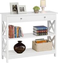 Yaheetech Console Table, prieškambario staliukas su stalčiumi ir 2 aukštų lentynomis, medinis staliukas, sofos staliukas su tvirtu X formos rėmu, skirtas įėjimui, prieškambariui, svetainei, 100 x 30 x 80 cm, baltas