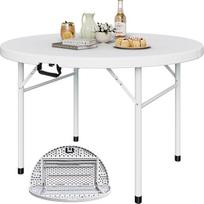 YITAHOME 122 cm apvalus sulankstomas stalas su rankena, atsparus oro sąlygoms lauke ir viduje, nešiojamas stovyklavimo stalas su metaliniu rėmu, plastikinis sodo stalas su 4 cm stalviršiu, skirtas vakarėliams, stovyklavimui, kepsninei, baltas