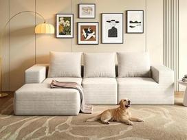 YITAHOME Modulinė kampinė sofa su miego funkcija, be kaulų, 3-vietė sofa su otomanu, L formos sofa 247 x 155 x 57 cm, velvetinė sofa lova, sofa sekcija, nereikia surinkti, smėlio spalvos