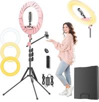 žiedas 45,7 cm su stendais, 55 W, 6700 K šviesos diodų šviesa, 160 cm ilgio ilgis, tvirtas telefono stendas, skirtas "iPhone" ir "Android" rankoms, CRI95, tinka "YouTube", "TikTok" ir asmenukėms (Rosa, 45,7 cm)