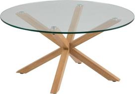 "AC Design Furniture Heather" apvalus stiklinis kavos staliukas su ąžuolo spalvos sukryžiuotu metaliniu pagrindu, skersmuo 82 cm x aukštis 40 cm, stiklinis svetainės staliukas, svetainės staliukas