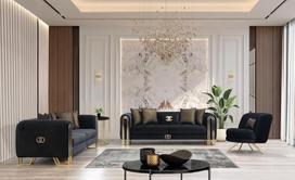 "ADIS Velvet Living Landscape Sofa Set 3-3-1 Set in Grey Black" - rytietiški svetainės baldai