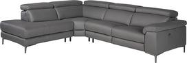 "Ángel Cerdá" - Kairė kampinė sofa su pilku odiniu užvalkalu - svetainės kampinė sofa su reguliuojamais galvos atlošais - pailgas dizainas - juodos plieninės kojos - 295 x 232 x 97 cm
