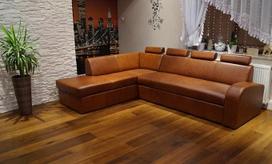 "Antalija II 4Z" 270 x 200 cm Rudos tikros odos kampinė sofa su miego funkcija ir galvos atlošu Kampinė sofa Antikvarinė natūrali oda Tabakas