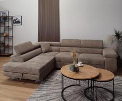 "Aston" kampinė sofa su miego funkcija ir lovos dėže, svetainė, velvetinis audinys, L formos sofa su lovos dėže, L formos, sofa su miego funkcija (ruda, kairėje pusėje - otomanas)
