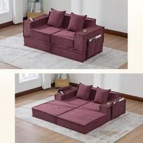 "Atenza" modulinė grindų sofa, dvivietė, sulankstoma sofa-lova iš velveto su pagalvėlėmis, svečių lova su gėrimų laikikliu ir šoninėmis kišenėmis, didžiausia apkrova 300 kg