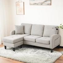 "Ball & Cast L" formos kampinė sofa su miego funkcija, 3 sėdimų vietų sofa su plastikinėmis kojomis, pagaminta iš medvilninio lino audinio, skirta svetainei, butui, vilai, 166 x 77 x 118 cm (plotis x aukštis x gylis), smėlio spalvos