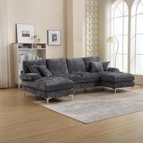 "Ball & Cast U" formos kampinė sofa su miego funkcija, modulinė šenilinė sofa su dvigubomis atlenkiamomis sėdynėmis, skirta svetainei, butui, vilai, 274 x 88 x 136 cm (plotis x aukštis x gylis), pilka