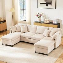 "Ball & Cast" U formos kampinė sofa su miego funkcija, 4 sėdimų vietų sofa su 2 kojų pakojiais svetainei, butui, vilai, 278 x 81 x 161 cm (plotis x aukštis x gylis), smėlio spalvos