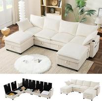 "Bladez" modulinė sofa-lova U formos kampinė sofa su miego funkcija ir atrama kojoms, su USB jungtimis, laikymo vieta, puodelių laikikliais, L formos velvetinė sofa, minkšta sofa-lova, 4 sėdimos vietos (smėlio spalvos)