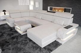 "Bologna" sofa kaip gyvenamasis peizažas U formos odinėje sofoje su USB galvos atlošais Apšvietimas Odinė sofa kaip dizainerio sofa su laikymo vieta (Osmanų dešinė (žiūrint į sofą), smėlio/baltos spalvos)