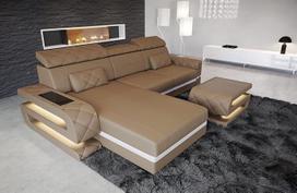 "Bologna" sofa kaip kampinė L formos odinė sofa su USB prievadu, saugykla, apšvietimu, galvos atlošais Dizainerių sofa sofa (Osmanų kairė (žiūrint į sofą), smėlio smėlio/baltos spalvos)