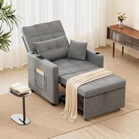"BonVache" miegamasis krėslas "3 viename" su lovos funkcija, 5 lygių reguliuojamu atlošu, sofa-lova su pagalve ir šonine kišene, sofa-lova su puodelio laikikliu, USB ir USB-C prievadu, tamsiai pilka