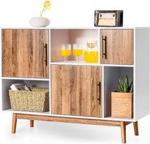 "COSTWAY Sideboard", pagaminta iš pušies medienos, moderni bufeto spintelė su 3 durimis, 6 skyriais ir 4 kojelėmis, laisvai pastatoma akcento spintelė svetainei ir miegamajam (balta + natūrali)