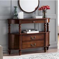 "Crescent Retro Console Table", 90 cm, medžio masyvo, prieškambario staliukas su 3 stalčiais, atvira daiktadėže, romėniškomis kojelėmis ir užapvalintais kampais, skirtas svetainei ir prieškambariui (rudos spalvos)