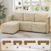 "Devoko" modulinė "L" formos sofa 215 cm pločio, moderni 3 sėdimų vietų kampinė sofa su saugykla, dengta "Rex" triušio kailiu, transformuojama sofa su taburete svetainei, smėlio spalvos