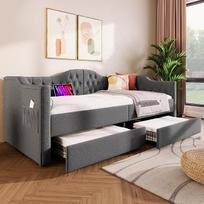 "Dolamaní" 200 cm pločio sofa lova, paauglių kambario miegamoji kėdė, 3 sėdimų vietų su lovos ir miego funkcija, lovos dėžė su 2 stalčiais (pilka, 90 x 200 cm)