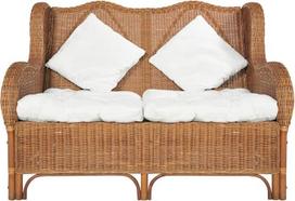 "Gecheer" 2-vietė sofa Ratano sofa Minkšta sofa lova Sofos sofos komplektas Lounge sofos sėdynės baldai Poilsio sofa Svetainės sofa Šviesiai ruda natūralaus rotango ir lino sofa