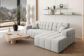 "Kaiser Möbel" - "L" formos kampinė sofa - Nimes kampiniai svetainės baldai - sofa lova, spyruoklinis pagrindas, sofos komplektas, minkšta sofa, gyvenamasis kraštovaizdis - dešinė pusė - balta - 168 x 265 x 82 cm