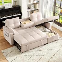 "L Sofa" modulinė sofa lova, išskleidžiama sofa lova su miego funkcija, įrengta laikymo vieta, ištraukiamas puodelio laikiklis, skirta svetainei, smėlio spalvos