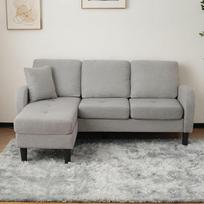 "L" formos kampinė sofa su šezlongu, 3 sėdimų vietų sofa, šviesiai pilka, kvėpuojantis medvilninio lino audinys, plastikinės kojos, modulinis dizainas, skirta svetainėms, butams ir biurams