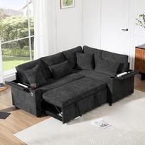 "L" formos išskleidžiama kampinė sofa "Canapé" su laikymo vieta, gėrimų laikikliu, USB įkrovimo prievadu, atramomis rankoms ir dviem pagalvėlėmis, tinkanti svetainei, svečių kambariui ir gyvenamajam kambariui (pilka)