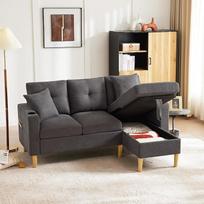 "L" formos moderni sofa, 3 sėdimų vietų sofa su šezlongu, laikymo vieta, integruota puodelių laikikliu, su 2 pagalvėlėmis, tinkama svetainei, biurui, namams ir t. t. (tamsiai pilka)
