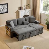 "L" formos sofa su lovos funkcija, lininė sofa su šezlongu ir laikymo vieta su kišeniniu puodelio laikikliu, svetainės sofa-lova, kairysis ir dešinysis keičiami šezlongai (tamsiai pilka)