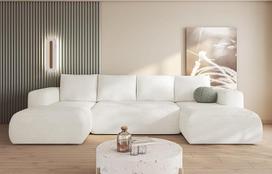 "Lambi" balta kampinė U formos sofa 338 x 89 x 164 cm su miego funkcija ir daiktadėže - sofa-lova su lovos dėže - modernūs svetainės baldai - audinys: Boucle 01