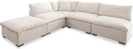 "Loberon Baladou" sofa, 1 taburetė, 1 kampinė sofa ir 3 foteliai, visus elementus galima derinti atskirai, itin minkštos sėdynių ir atlošų pagalvėlės, sėdimoji dalis, pušies mediena, linas, kreminė spalva