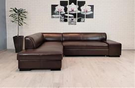"London II" blizgios odos kampinė sofa, 275 x 200 cm, tamsiai ruda, natūrali oda su odos spalvos dygsniais, sofa-lova su miego funkcija, tikros odos kampinė sofa