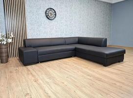 "London II" kampinė sofa 275 x 220 cm natūralios odos, juoda, su lovos funkcija ir lovos dėže natūralios odos
