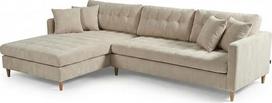 "Marino Deluxe Chaise Sofa" dešinė arba kairė dvipusė su pagalvėle (Velvet Sand) - H82xW290xD177 - veliūras - putplastis: 28 kg m³ 100% poliesteris "Nozag" plunksnos Kojos: Medžio guma - aksominio smėlio spalva.