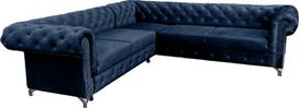 "Meble Ares" Elegantiška "Chesterfield" sofa su dygsniavimu ASTI - 267 x 78 x 98 cm Patogi sofa 3 sėdimų vietų svetainei, biurui - stilinga sofa su sidabrinėmis kojelėmis - aksominė tamsiai mėlyna