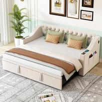 "Merax" išskleidžiama sofa-lova 90/180 x 190 cm, dvivietė sofa-lova su miego funkcija, sulankstoma sofa su skersiniu rėmu ir USB įkrovimo prievadu, aksominis audinys, smėlio spalvos (čiužinys neįtrauktas)