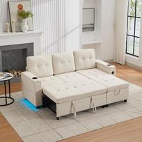 "Merax" kampinė sofa su miego funkcija ir lovos dėže, "L" formos minkštos sofos su LED, 3 sėdimų vietų išskleidžiama sofa lova, sulankstoma sofa su įkrovimo funkcija ir gėrimų laikikliais, minkšti svetainės, buto, smėlio spalvos baldai