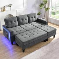 "Merax" modulinis L formos sofos komplektas su itin dideliu judančiu kojūgalyje LED aplinkos apšvietimas ir USB 3 vietų L formos sofa su osmanu Šenilinis užvalkalas, paverčiamas sofa-lova Pilka