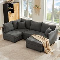 "Mrwoo" moderni kampinė sofa su vertikaliais dryžiais, modulinė 5 vietų sofa su išskleidžiama kojele, L/U formos, idealiai tinkanti svetainei ir namams, medvilninis audinys, pilka spalva