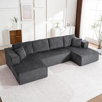 "Muskel" modulinė U formos kampinė sofa, pagaminta iš velveto, visiškai suspausta sofa be kaulų be surinkimo, su šezlongu miego funkcija, moderni 4 vietų svetainės sofa, pilka-U