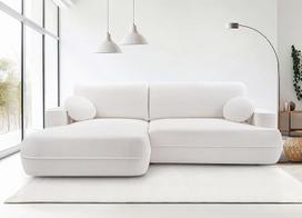 "Peoni" kampinė sofa su miego funkcija 267 cm balta su lovos dėže L