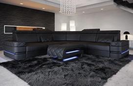 "Positano" odinė L formos kampinė sofa su LED apšvietimu Kanapa su galvos atlošais Šiuolaikinė sofa (juoda)