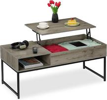 "Relaxdays" sulankstomas kavos staliukas, aukštis x plotis x gylis: 45 x 110 x 50 cm, šoninis skyrius, svetainės staliukas su daiktadėže, medžio ir metalo išvaizdos, pilkos spalvos