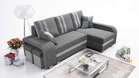 "Robin York" kampinė sofa su miego funkcija, sofa-lova su lovos dėže ir dviem taburetėmis, laisvai pastatoma L formos kampinė sofa