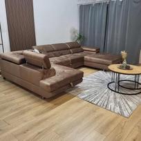 "Rodos" kampinė sofa su miego funkcija ir lovos dėže - U formos sofa-lova su laikymo vieta - moderni kampinė sofa svetainei - sofa su lovos funkcija - montuojama kairėje arba dešinėje (ruda, kairė)