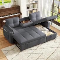 "Rtopsu" sofa lova su lovos dėže, išskleidžiama, kampinė sofa su miego funkcija, sofa lova su 5 pagalvėlėmis, sofa lova su laikymo erdve, kišenėmis ant porankių ir gėrimų laikikliu, 205 x 139 x 87 cm, lininė, pilka