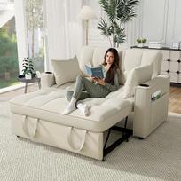 "Sapgaks Velur" 2 vietų sofa-lova, kampinė sofa, išskleidžiama sofa, smėlio spalvos, 137 cm x 76,5 cm x 83 cm, daugiafunkcinė, su miego funkcija, puodelio laikikliu ir pagalve
