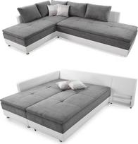"Spring Core" kampinė sofa B306/T223/H95 cm ilgas miegamasis, dvigulės lovos miego funkcija, šalto putplasčio užvalkalas, lovos dėžė, lentyna, pasukama dešinė dalis, mikropluošto užvalkalas šviesiai pilkas, korpusas dirbtinė oda, balta / 15104