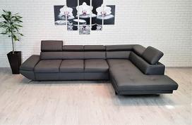 "Varsovia Spades" tikros odos kampinė sofa 305 x 193 cm su miego funkcija ir galvos atlošais Tikros odos kampinė sofa daug spalvų (dešinysis kampas 305 x 193 cm) tamsiai pilka