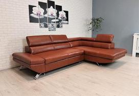 "Varsovia" blizgi rudos spalvos natūralios odos kampinė sofa, 278 x 193 cm, sofa-lova su miego funkcija, lovos dėže ir galvos atlošais, tikra oda, kampinė sofa, daug spalvų (278 x 193 cm kampas